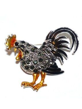 Rooster Brooch Pin Inlay Crystal Rhinestones Sparkle Chicken Stylish Glam Farm